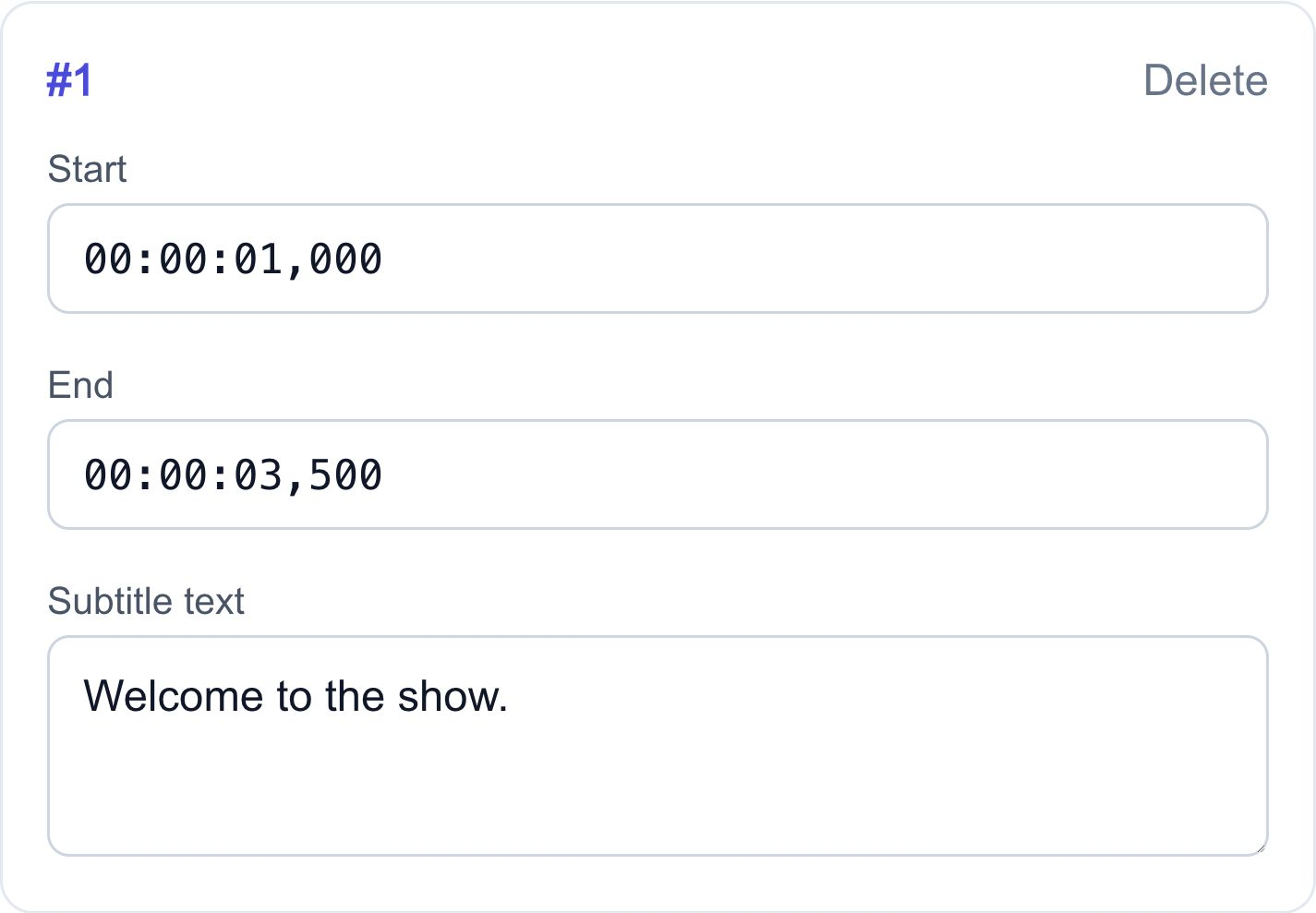Subtitle editor with separate start time, end time and editable subtitle text fields