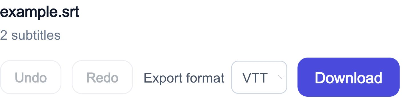 Subtitle export controls with VTT selected and the Download button